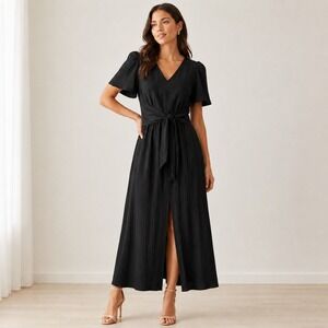 Calvin Klein Black Tie Waist Front Slit Maxi Dress Size 10 NWT
